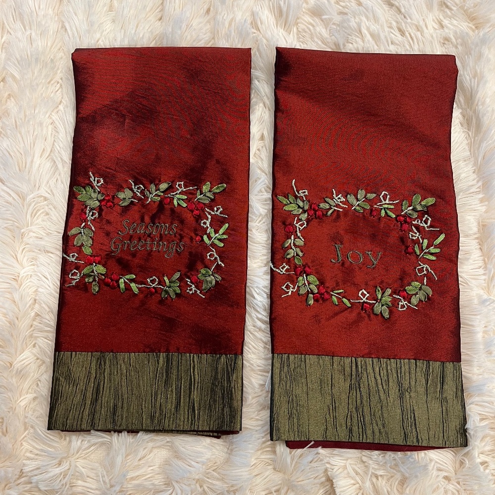 Holiday Satin Decorations - Burgundy and Olive Green Set of 2